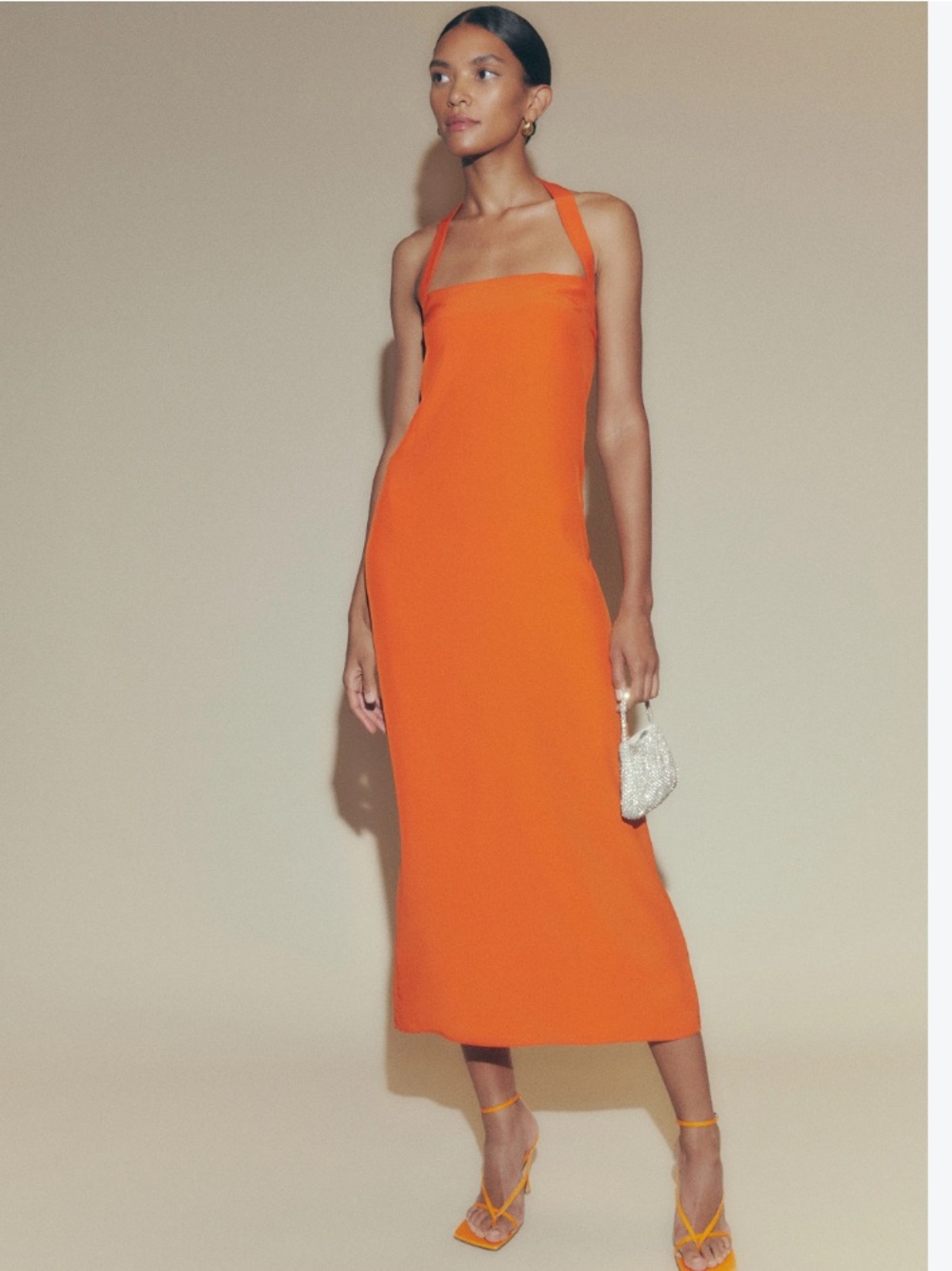 Reformation Dress Alli Silk Halter Midi in Citrus Orange